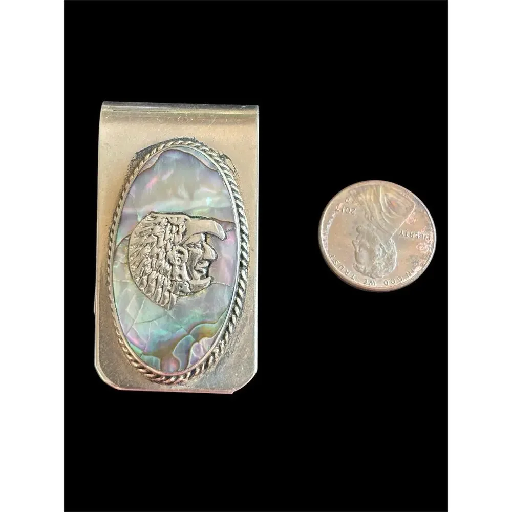 Vintage 1970’s Mexico Alpaca Abalone Inlay Money Clip Chieftain Profile
